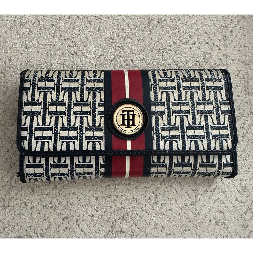 TOMMY HILFIGER Continental Trifold Snap Wallet Red White Blue Signature VTG Y2K